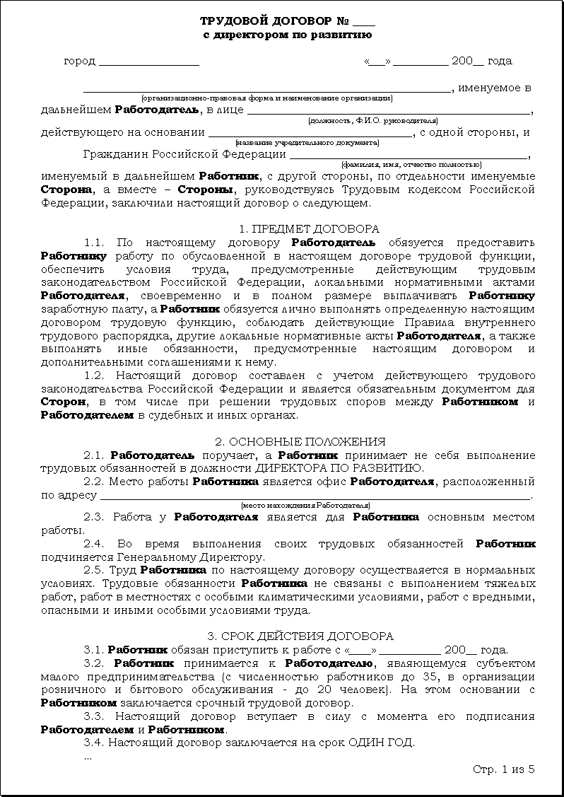 Образец заполнения типового трудового договора для микропредприятий