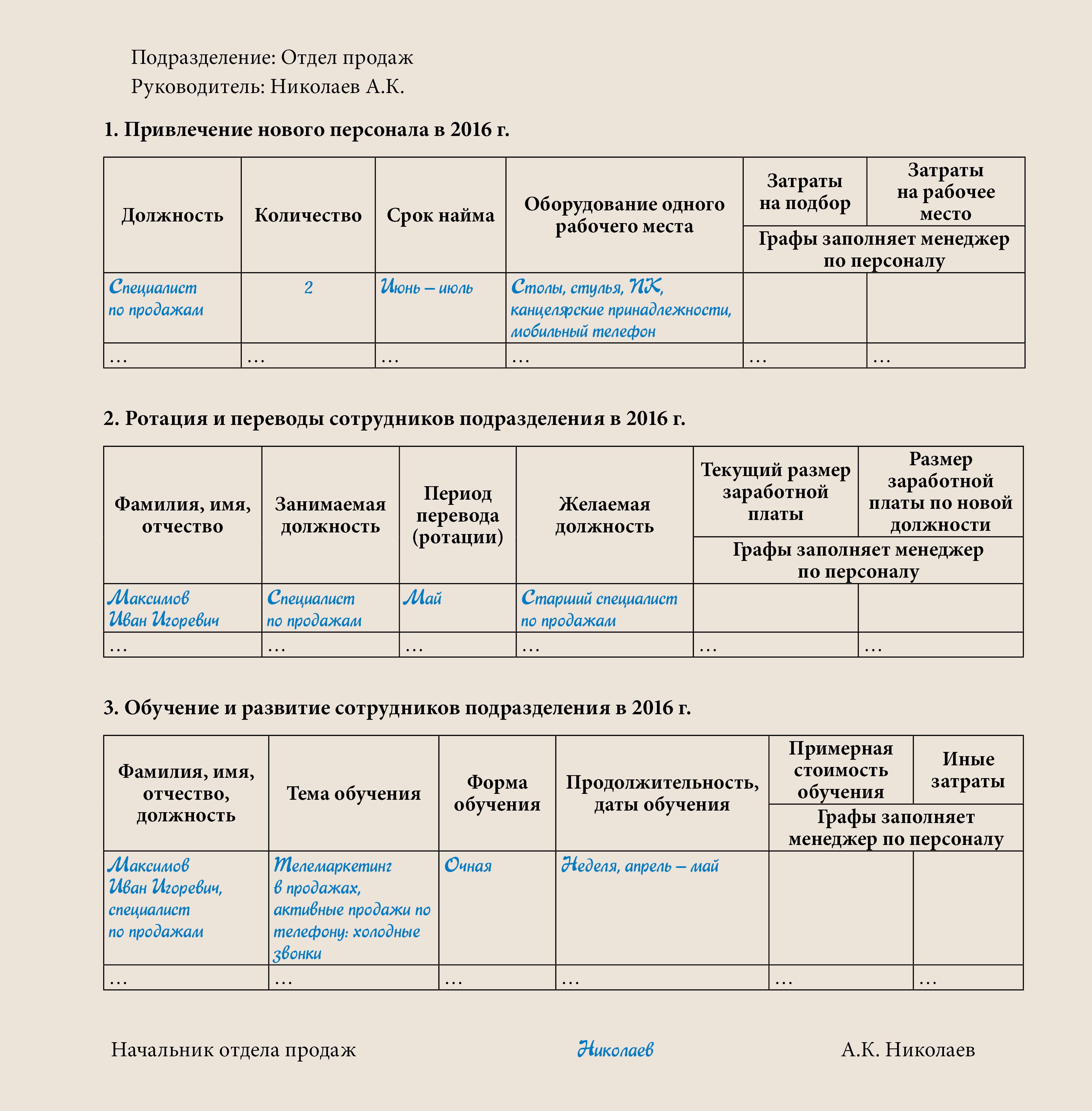 План работы отдела образец