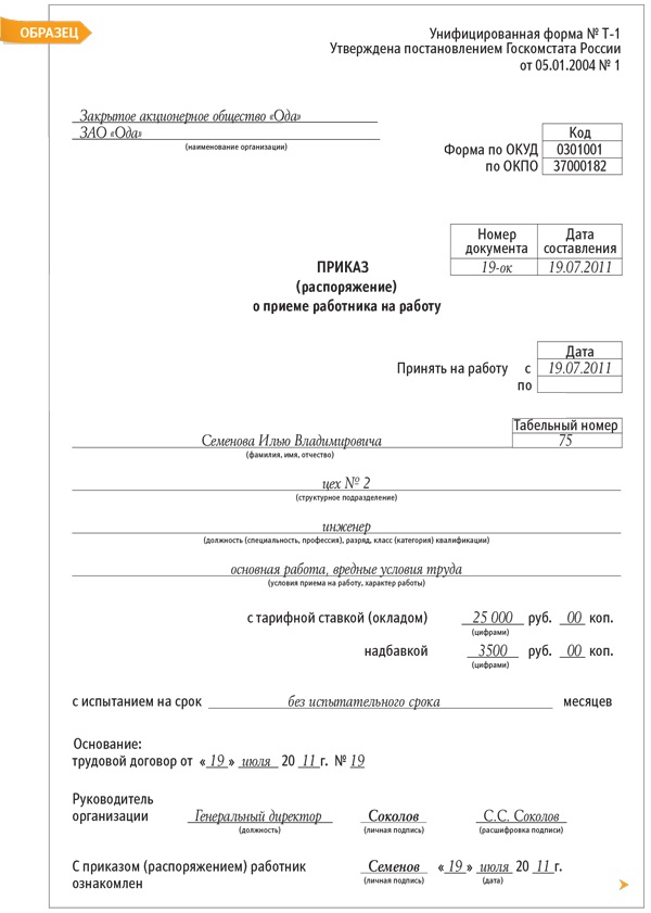 Образец приказа о приеме на работу