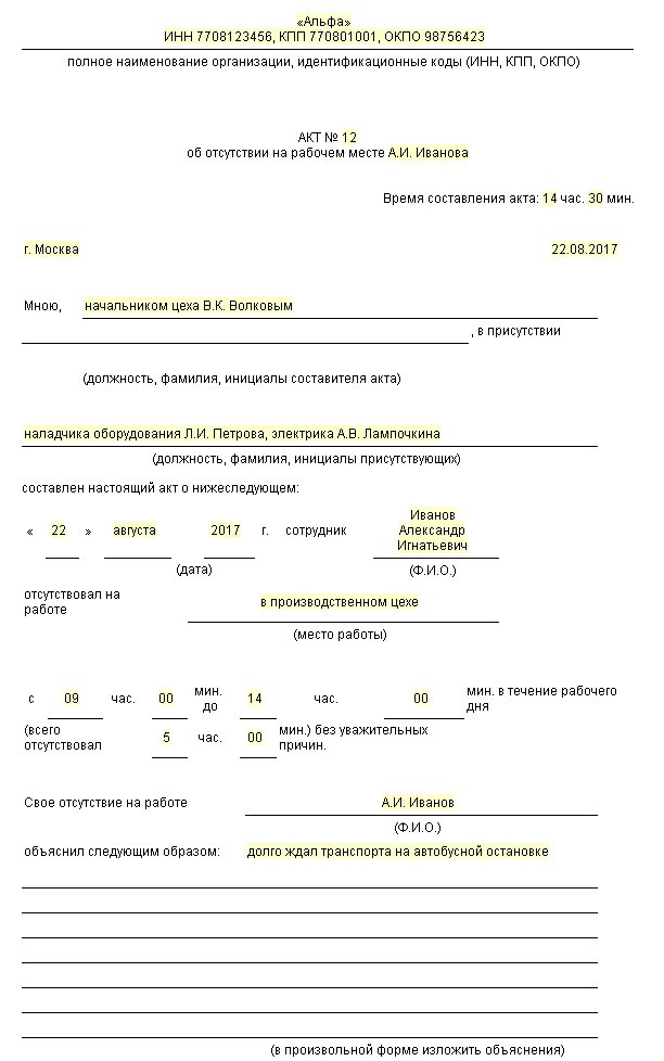 Как составить акт о невыходе на работу сотрудника образец