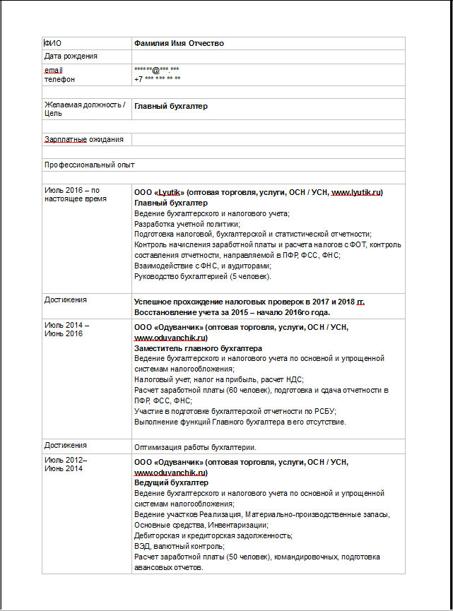 Пример заполнения резюме для устройства на работу образец 2021бланк