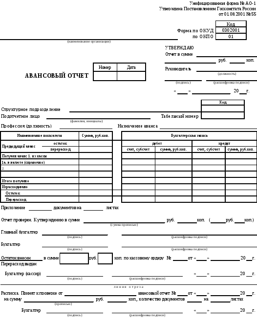 Образец заполнения авансовый отчет ао 1