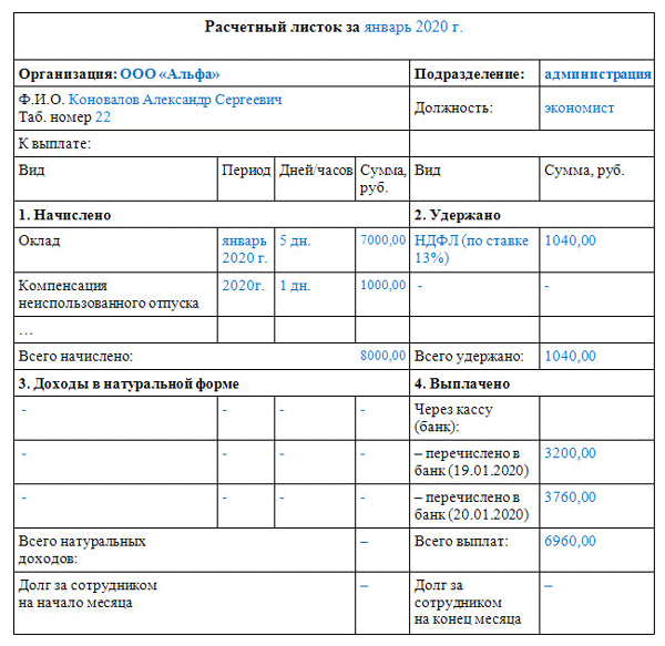 Расчетный лист образец