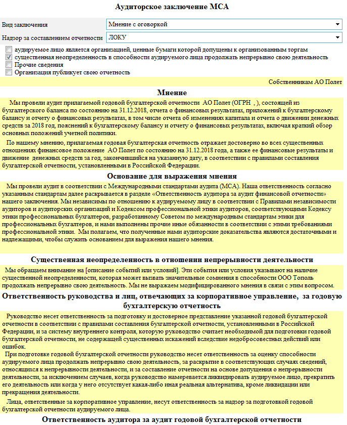 Модифицированное аудиторское заключение