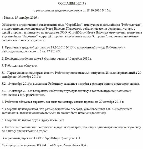 Соглашение об увольнении по соглашению сторон с компенсацией образец