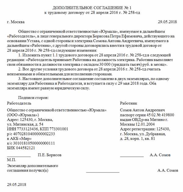 Дополнительное соглашение о повышении оклада образец