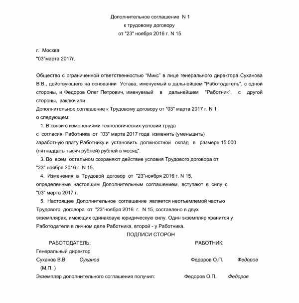 Образец дополнительного соглашения на изменение оклада сотруднику