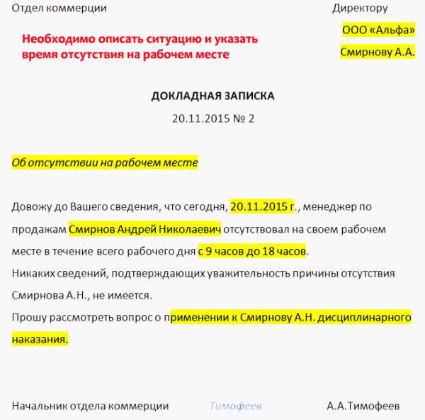 Образец докладной о невыходе на работу работника