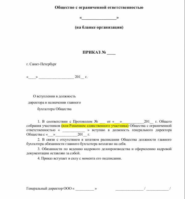 Приказ о назначении директора главным бухгалтером ооо образец