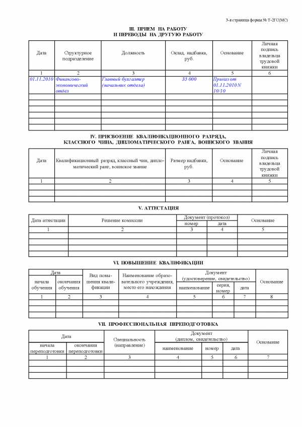 Образец заполнения т 2 полностью