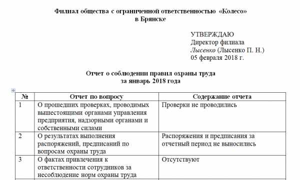 Отчет о проделанной работе специалиста по охране труда за месяц образец