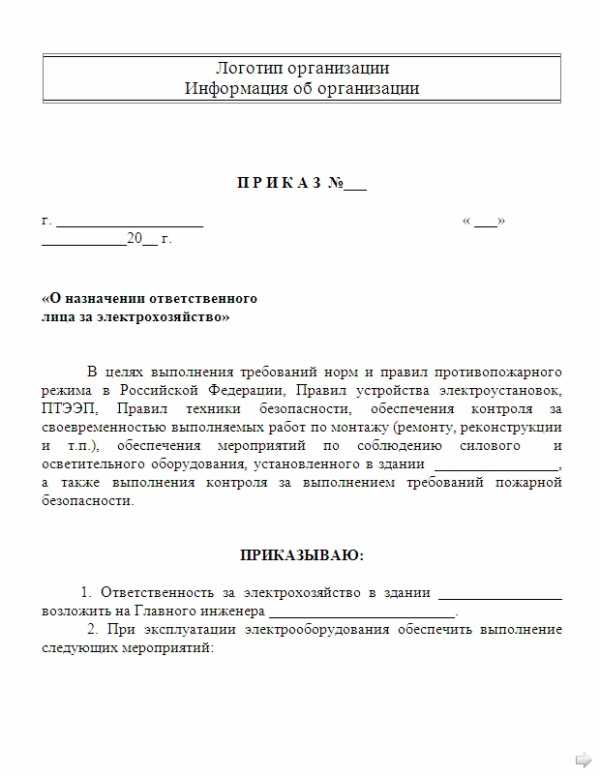 Образец приказ о назначении ответственного за электрохозяйство в школе образец