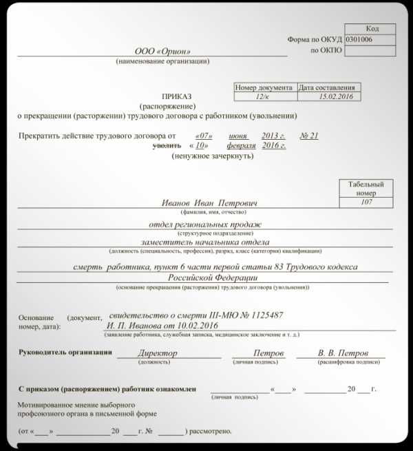 Приказ об увольнении в связи со смертью работника образец рб